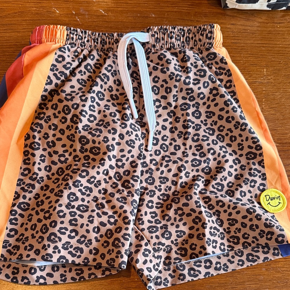 Leopard Print kids Swim Shorts with Orange Stripes Duvin design